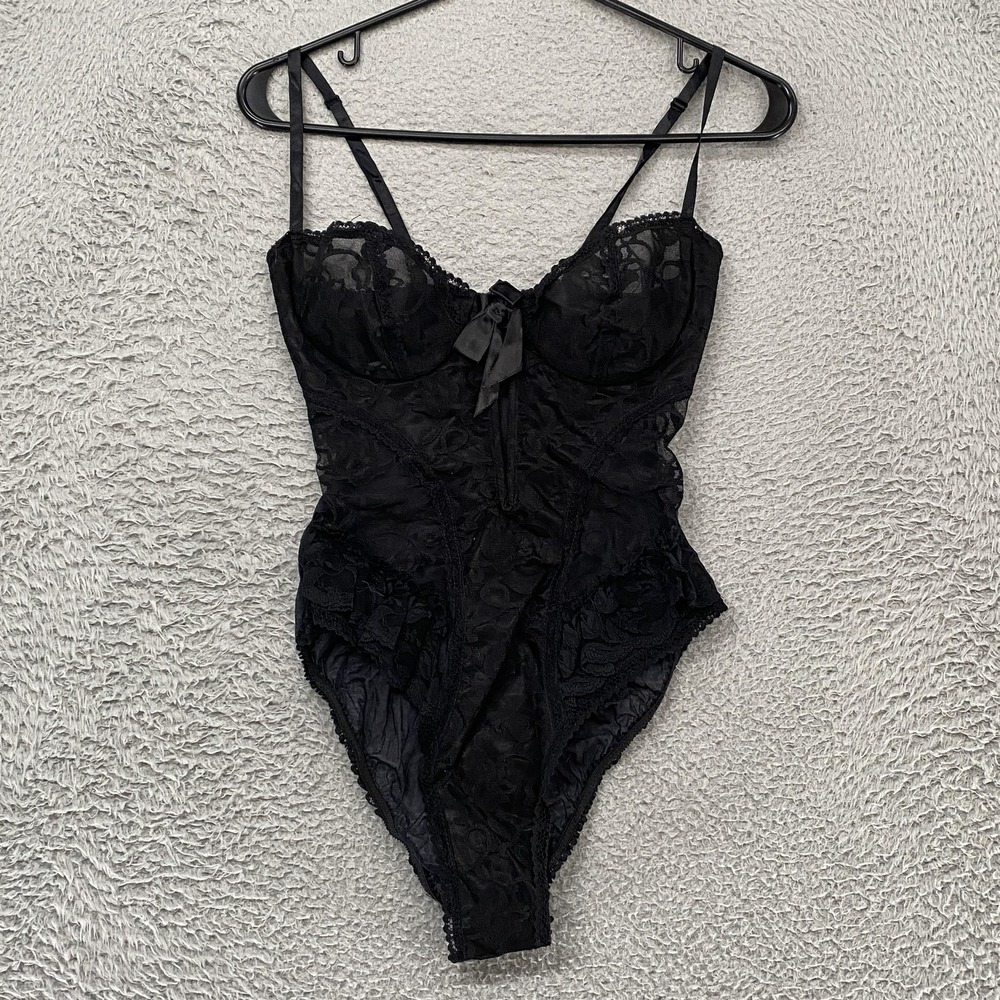 Vintage Lace Bodysuit Womens Medium‎ Black Sheer Floral 90s Made USA Whimsigoth